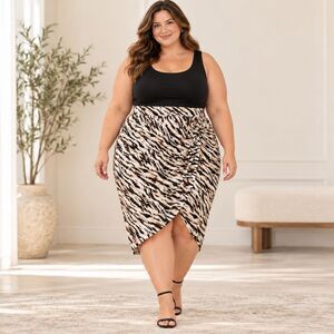 Torrid Skirt 3X 22 24 Beige Brown Animal Print Midi Studio Knit Side Knot Pencil